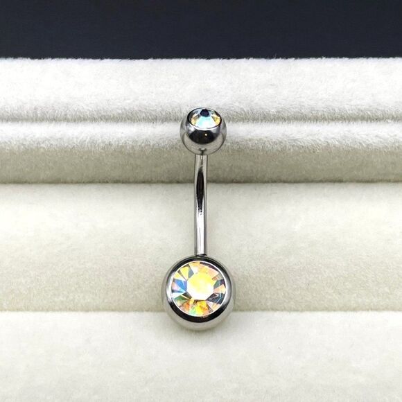 316L Stainless Steel with Iridescent AB Cubic Zirconia 14G Barbell Belly Ring - Picture 2 of 7